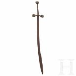 A Hungarian knightly sabre, circa 1490The slightly curved, single-edged blade with a broad, double-