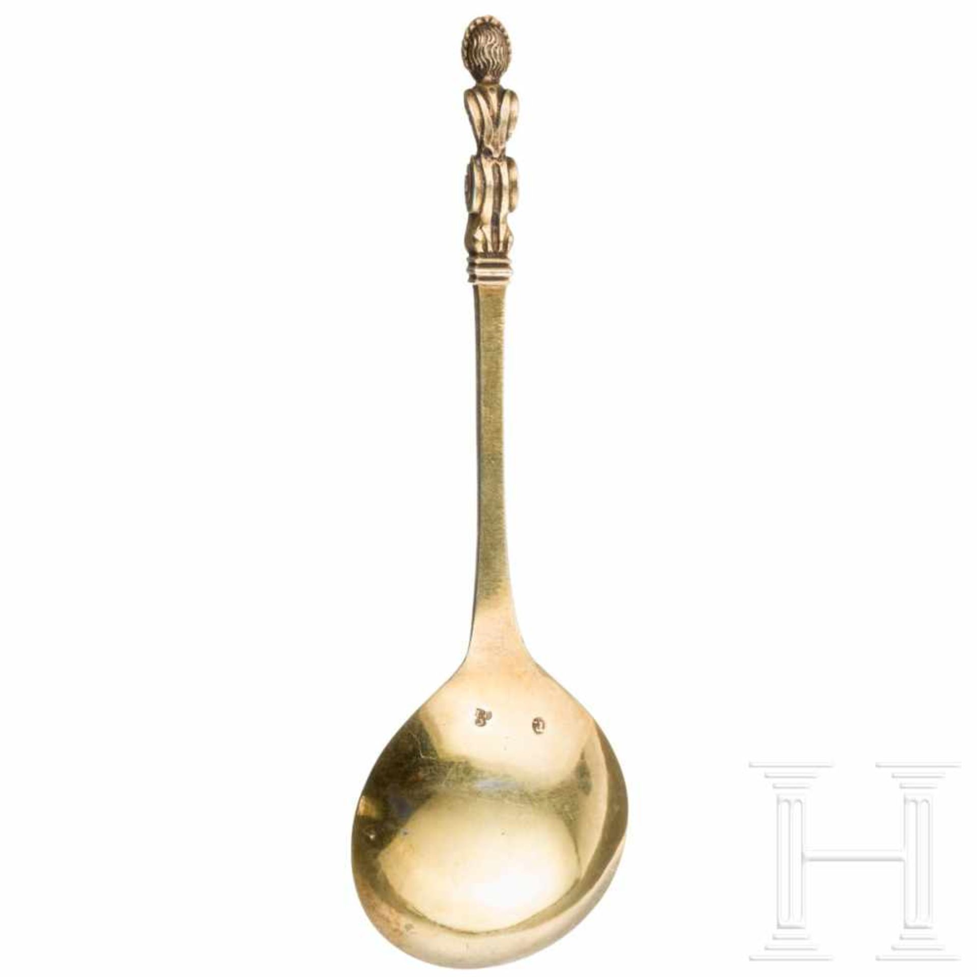 A fine gilded Polish Baroque silver spoon with female caryatid, master's mark of Johann Christian - Bild 2 aus 4