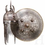 A Persian kulah khud and a shield, 19th centuryHelm mit einteilig geschlagener Glocke, gravierter