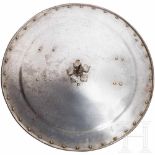 A German iron round shield, circa 1600Slightly domed shield of heavy chased sheet iron. In the