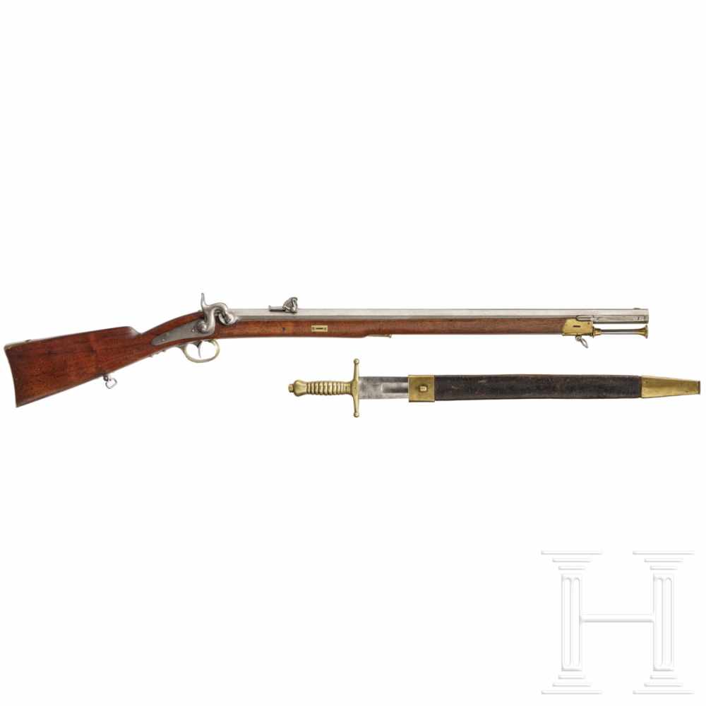 A model 1847/56 infantry rifle with bayonetRifled, octagonal barrel in 17,5 mm calibre, rough-bore