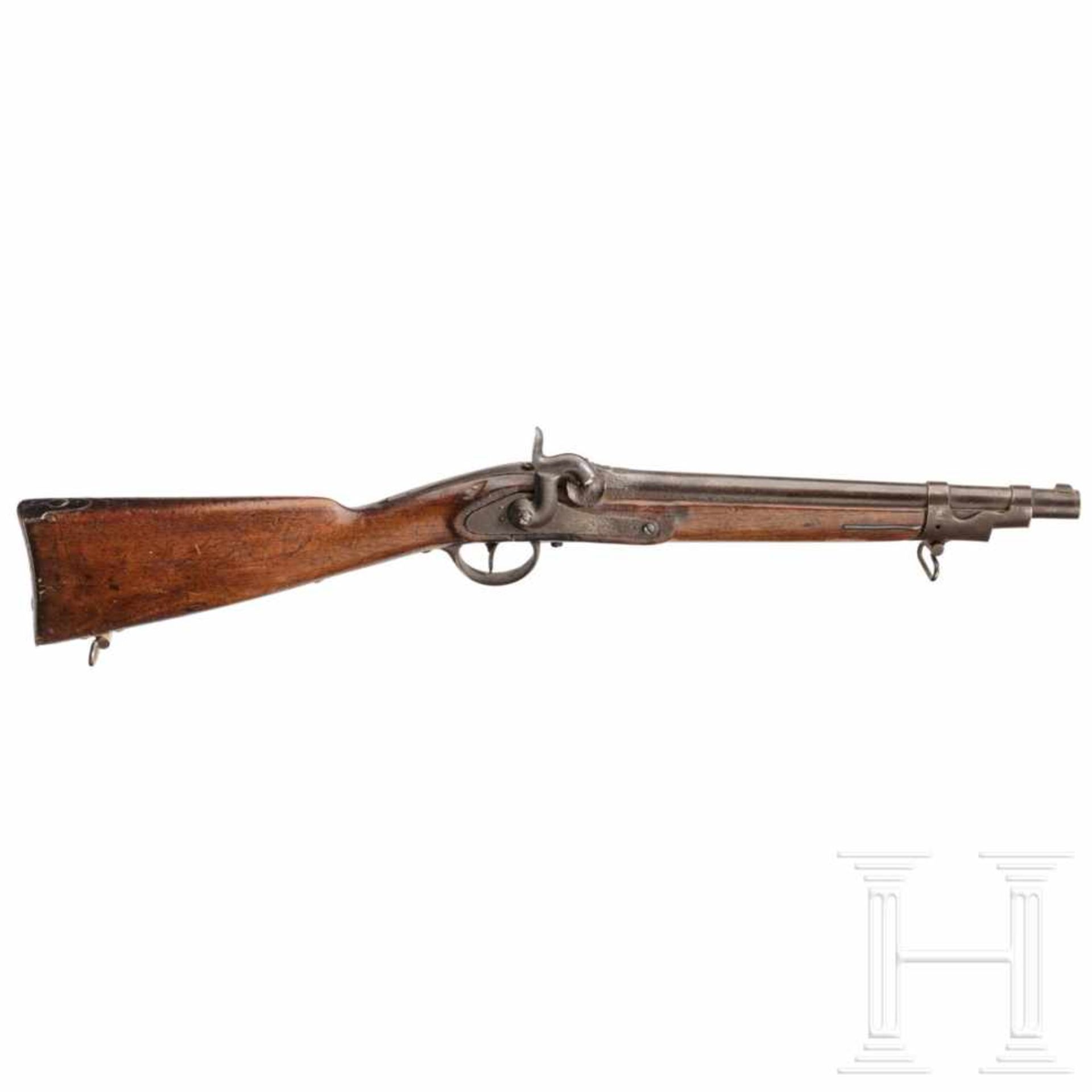 A German percussion carbine, circa 1840Glatter Lauf im Kaliber 15 mm, über der Kammer Standkimme für