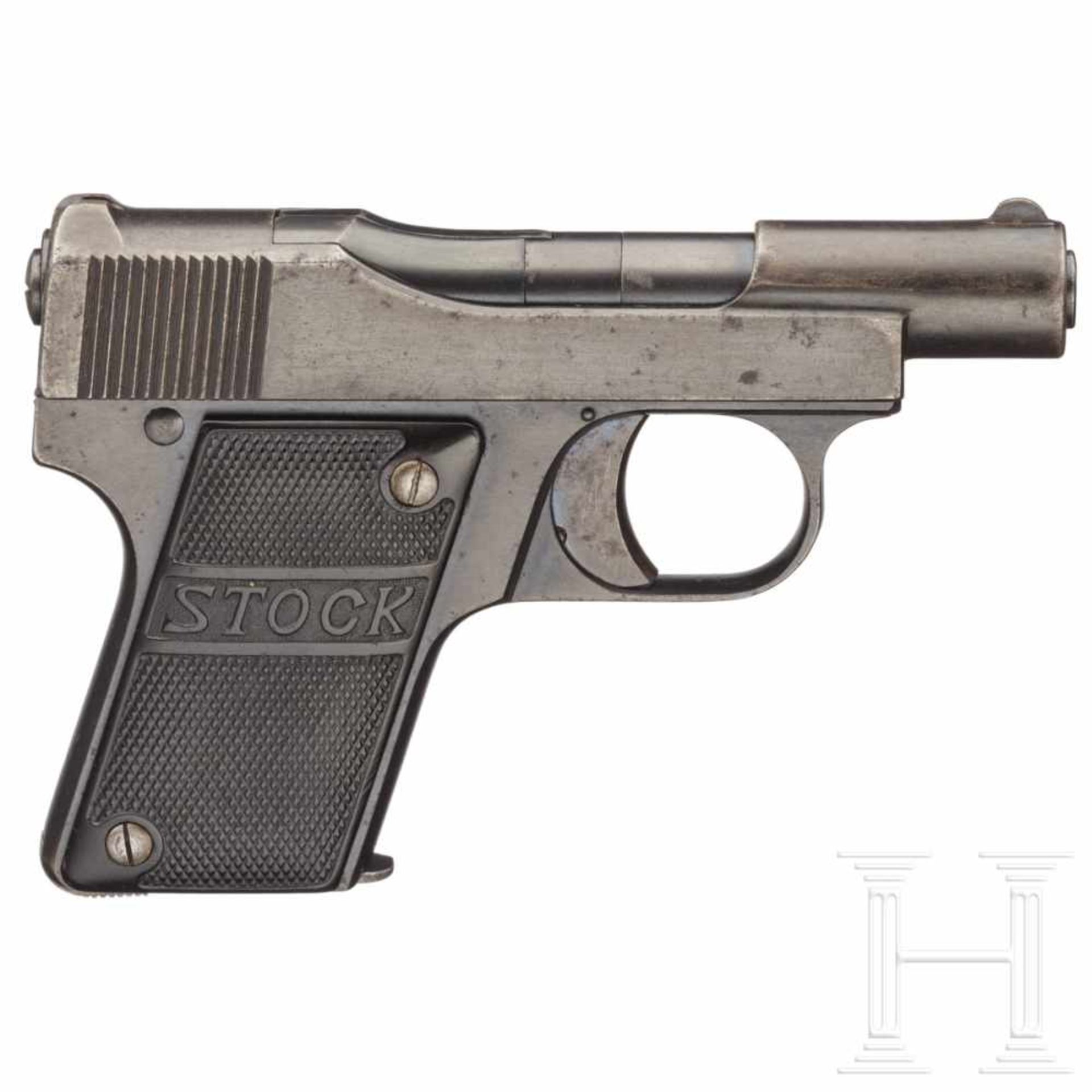 A Stock pocket pistol with holsterKal. 6,35 mm Brown., Nr. 2164, nummerngleich. Blanker Lauf. - Bild 2 aus 4