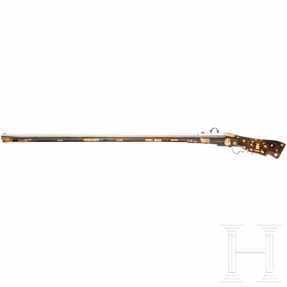 A heavy German bone-inlaid matchlock musket with musket support, dated 1589The octagonal barrel - Image 2 of 6