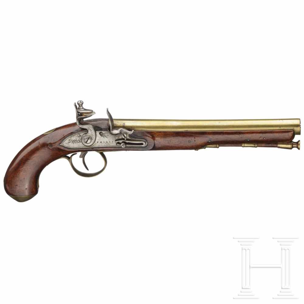 A flintlock pistol by Phillips in London, ca. 1815/20Runder, glatter 250 mm Messinglauf im Kaliber