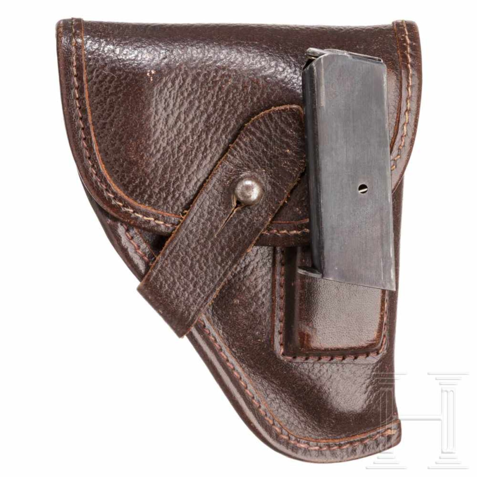 A Stock pocket pistol with holsterKal. 6,35 mm Brown., Nr. 2164, nummerngleich. Blanker Lauf. - Bild 3 aus 4
