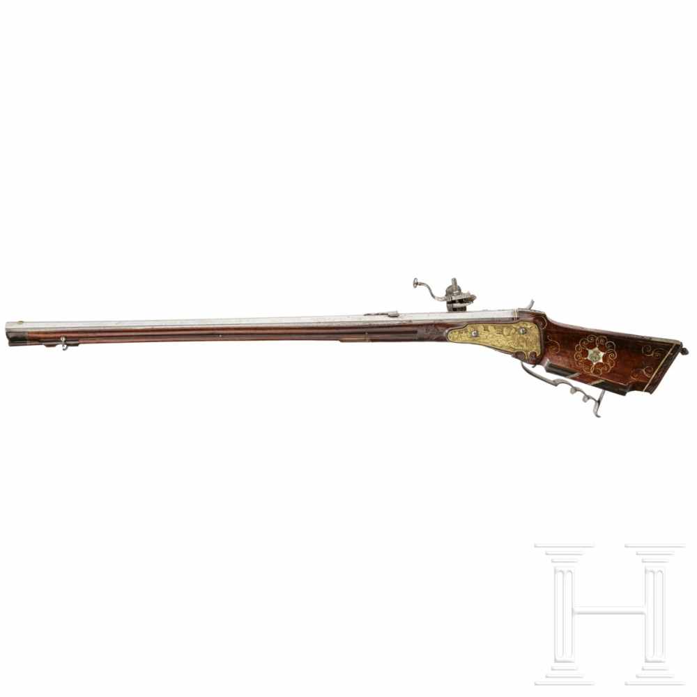 A fine wheellock rifle with chiseled lock, Augsburg, circa 1700Octagonal, lightly tapered barrel - Image 3 of 8