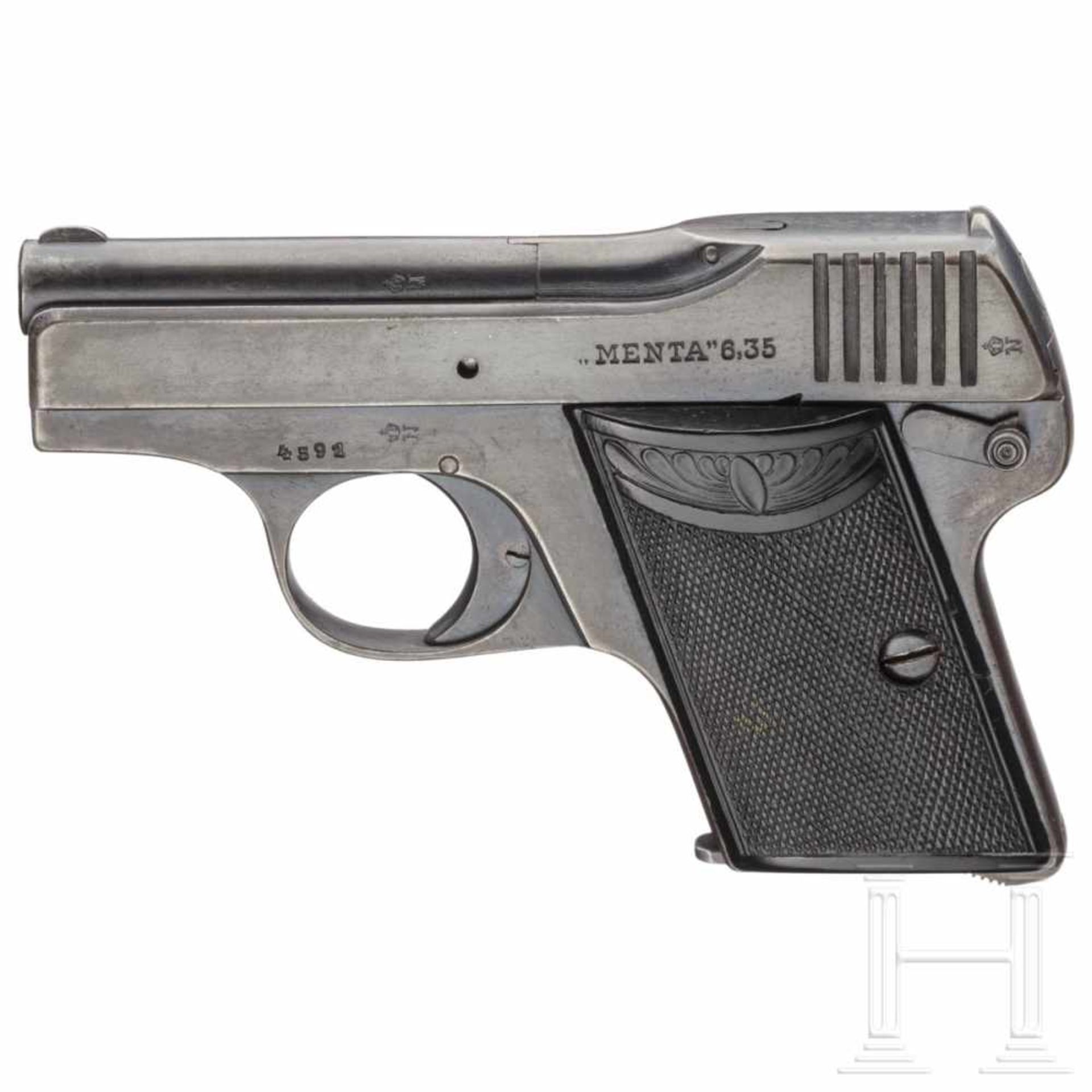 A Menta pocket pistolKal. 6,35 mm Brown., Nr. 4591, nummerngleich. Lauf matt. Sechsschüssig.