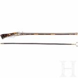 A heavy German bone-inlaid matchlock musket with musket support, dated 1589The octagonal barrel