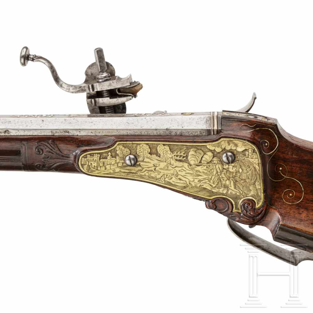 A fine wheellock rifle with chiseled lock, Augsburg, circa 1700Octagonal, lightly tapered barrel - Image 8 of 8