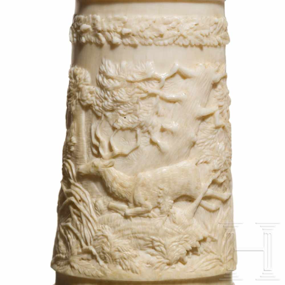 A German silver-mounted powder flask of ivory, mid-19th centuryThe two-part body intricately - Image 5 of 7