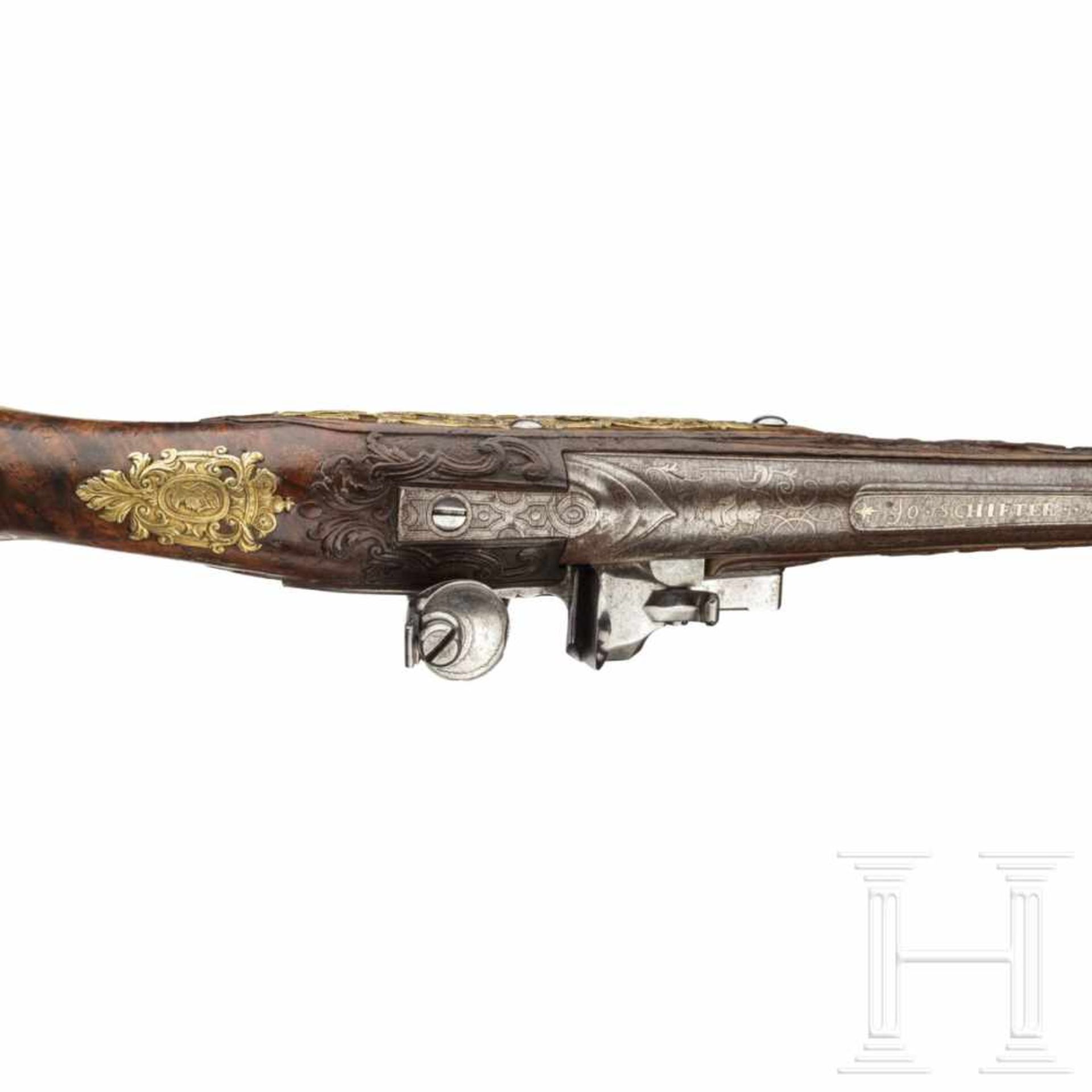 A deluxe flintlock pistol, Johann Schifter of Vienna, circa 1720/30Round barrel of fine, wrapped - Bild 6 aus 7