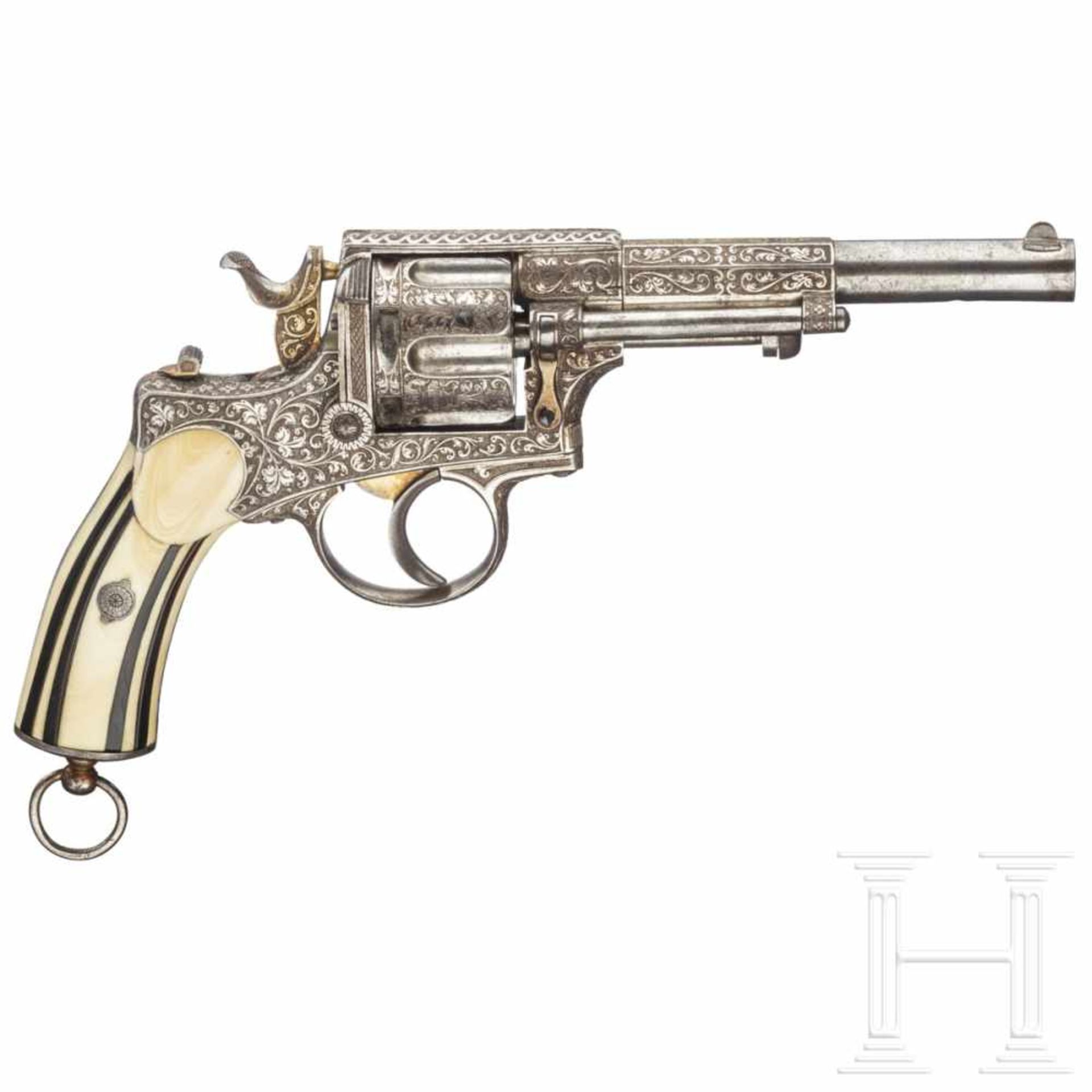 A Revolver Chamelot Delvigne, engraved, nickel-plated, with ivory grips, circa 1872Cal. 9 mm CF, - Bild 2 aus 4