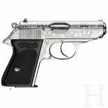 A cased engraved and chrome plated Walther PPK-L UlmKal. 7,65 mm, Nr. 505327. Blanker Lauf.