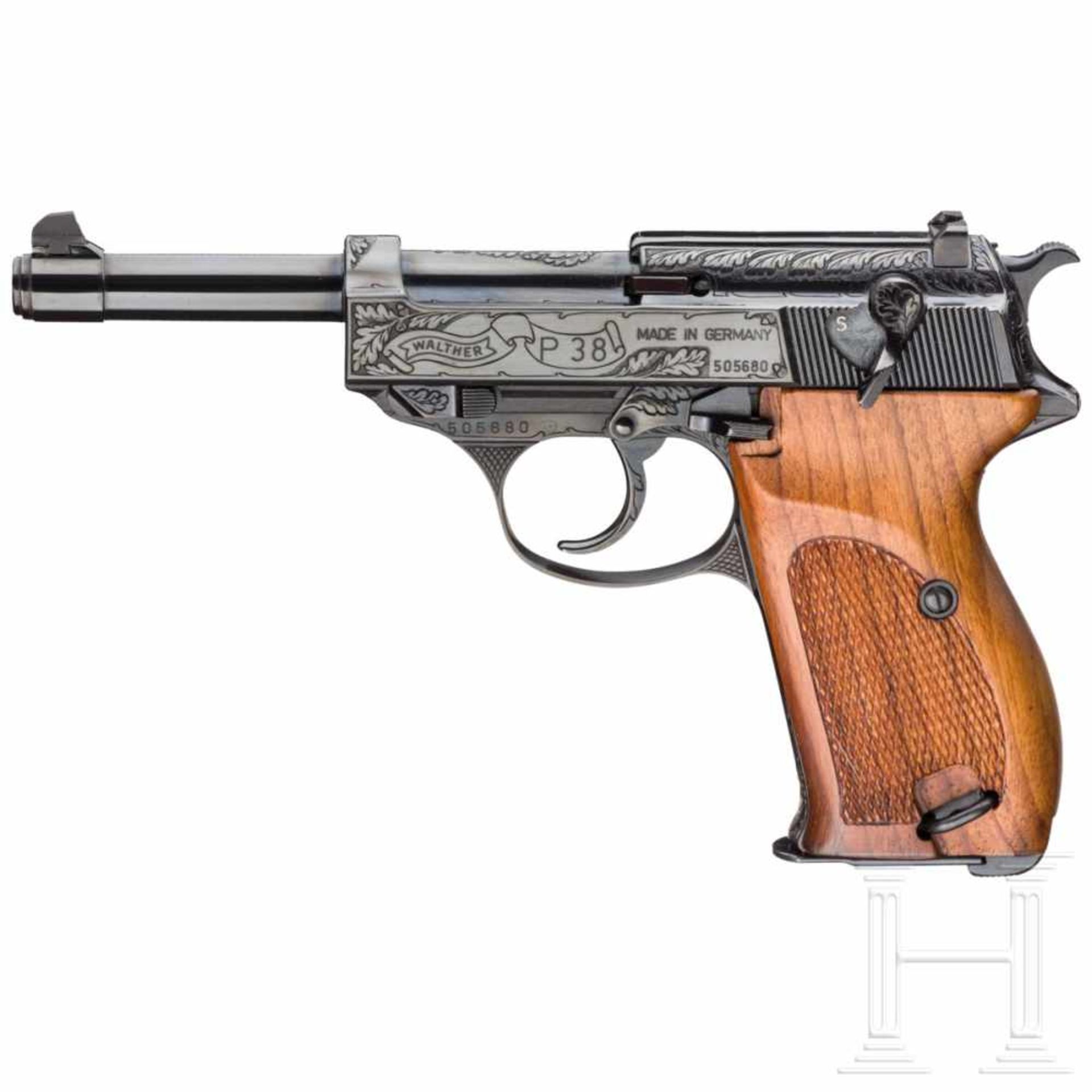 An engraved Walter P38 Ulm all steel version, commemoration model "100 years Walther" in boxKal. 9 - Bild 2 aus 2
