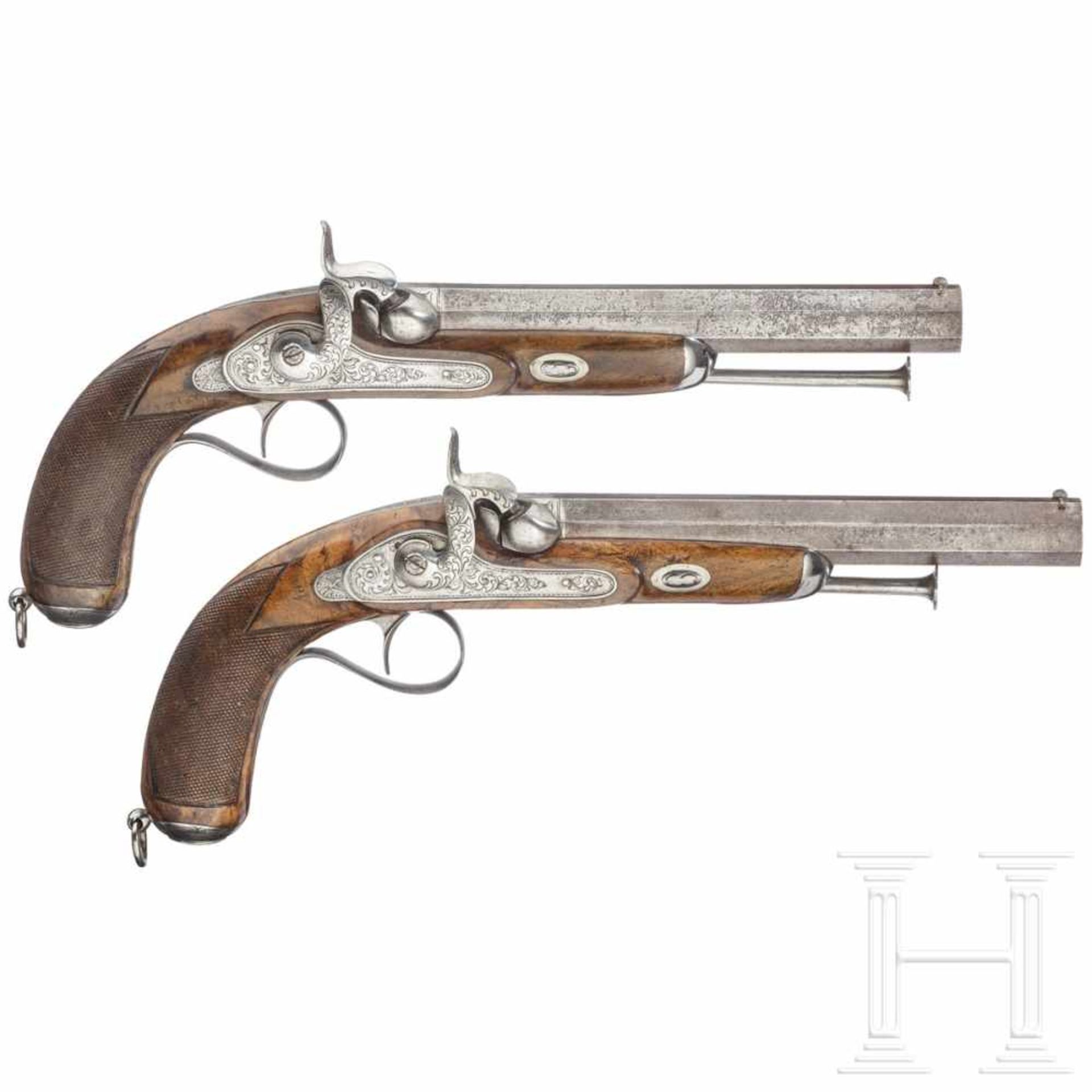 A pair of percussion pistols, Devisme in Paris, circa 1840Gezogene Oktagonalläufe im Kaliber 17