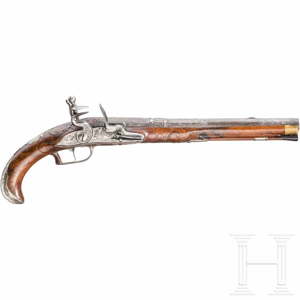 A silver-mounted long flintlock pistol, Dresden, ca. 1740Achtkantiger, nach Baluster runder und