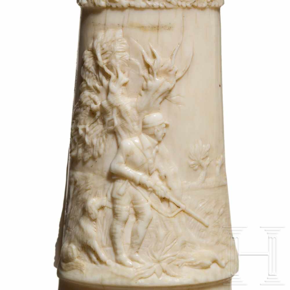 A German silver-mounted powder flask of ivory, mid-19th centuryThe two-part body intricately - Image 6 of 7