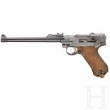 A long pistol 08, DWM 1918Kal. 9 mm Luger, Nr. 1573, nummerngleich inkl. Schlagbolzen. Lauf rau.