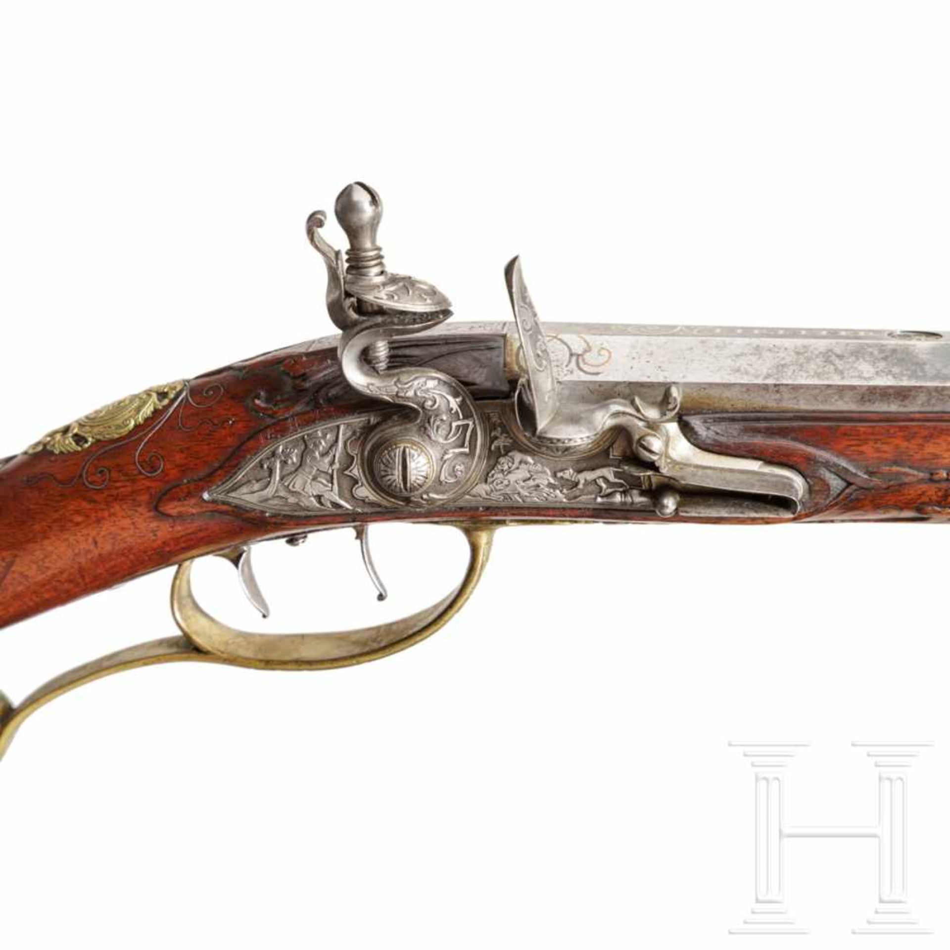 A deluxe flintlock rifle, Caspar Neureitter of Prague, circa 1730The octagonal barrel slightly - Bild 4 aus 10