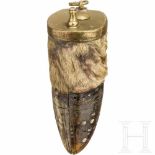 A silver inlaid powder flask made from a deer or mosse hoof, German, 18th centuryFellbezogener