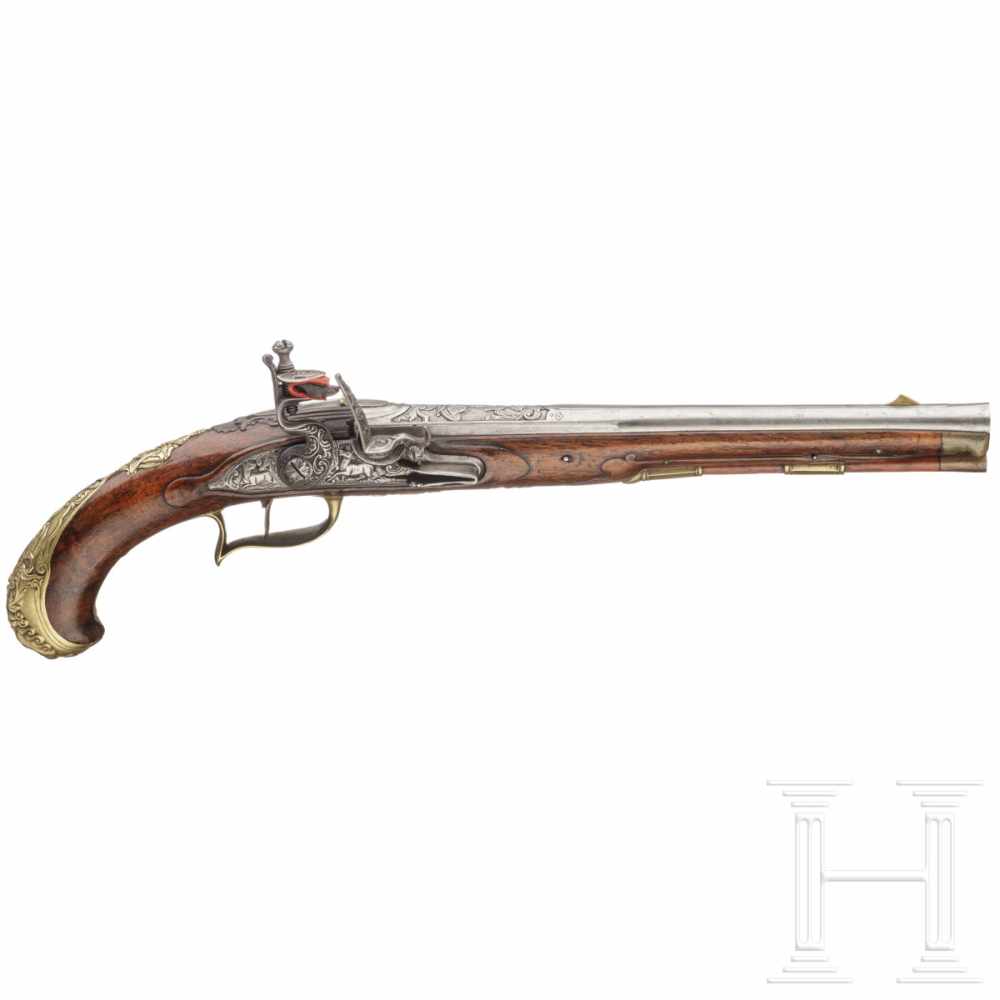 A fine German flintlock pistol, Franconia or Bohemia, circa 1730Runder Lauf mit abgesetzter