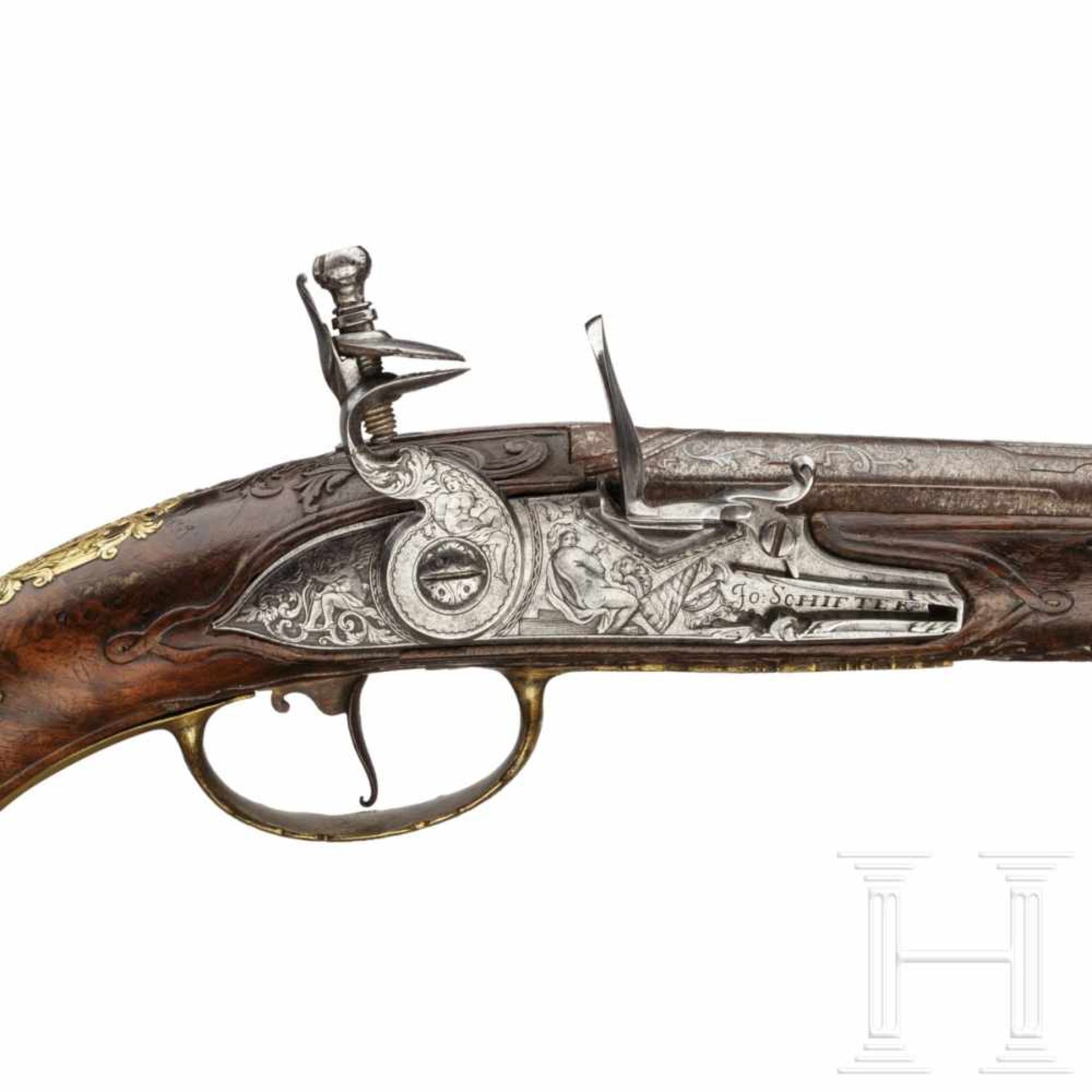 A deluxe flintlock pistol, Johann Schifter of Vienna, circa 1720/30Round barrel of fine, wrapped - Bild 5 aus 7