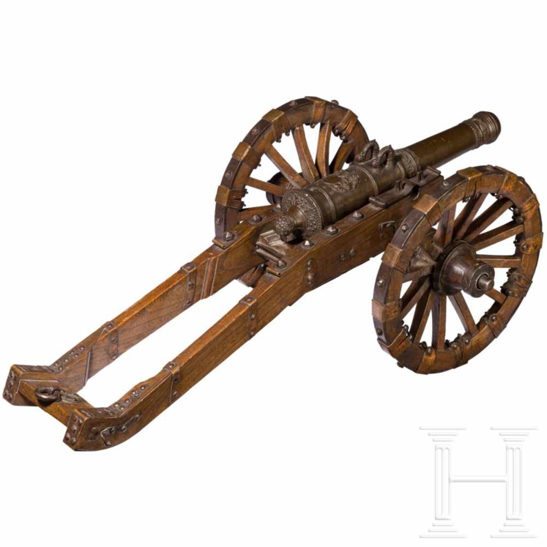 A model cannon with carriage, Nuremberg, dated 1650Multi-stepped bronze barrel with beautiful age - Bild 2 aus 7