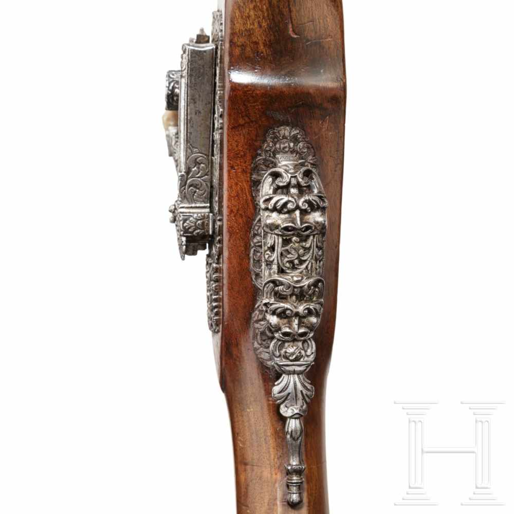 A luxurious Italian miquelet-rifle with chiselled decoration, Brescia, circa 1680Round barrel with - Image 11 of 11
