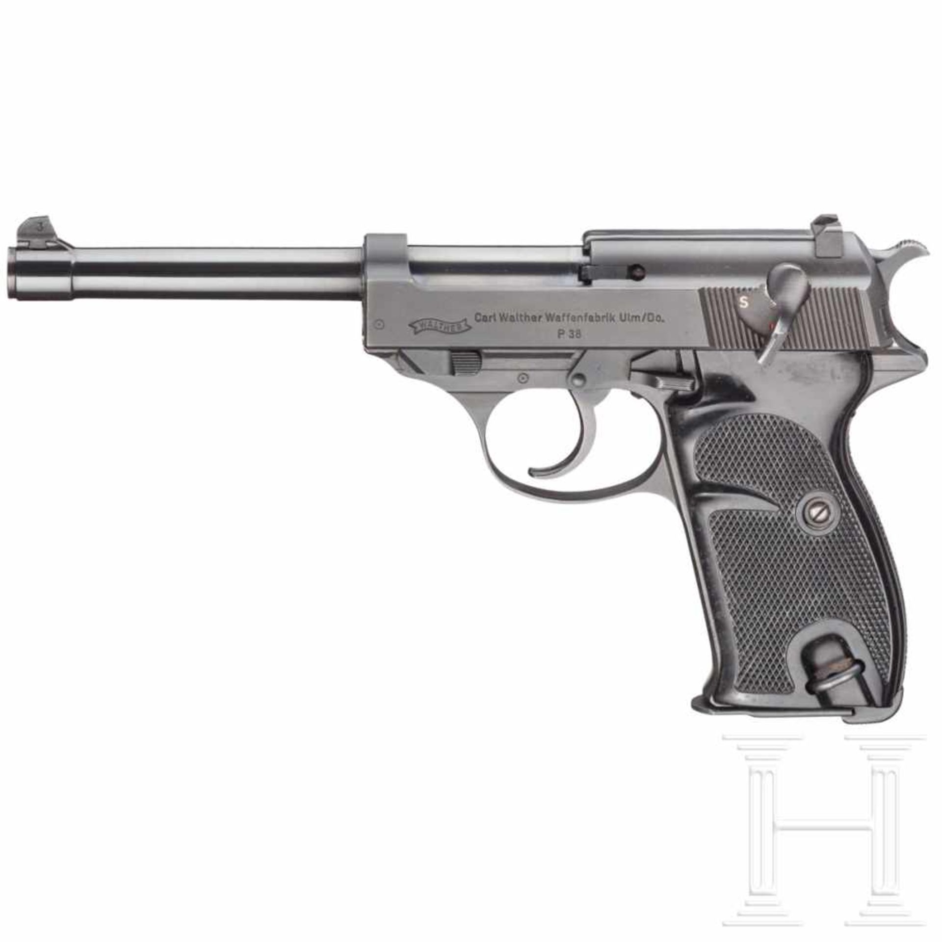 A long Walther P 38 Ulm all steel versionKal. 9 mm Luger, Nr. 015. Blanker Lauf, Länge 152 mm (