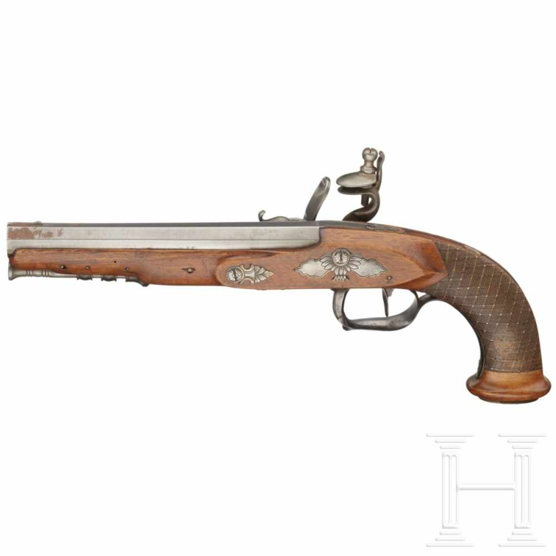 A flintlock pistol by Guillaume Berleur in Liège, ca. 1800Oktagonallauf im Kaliber 13 mm mit - Bild 2 aus 2