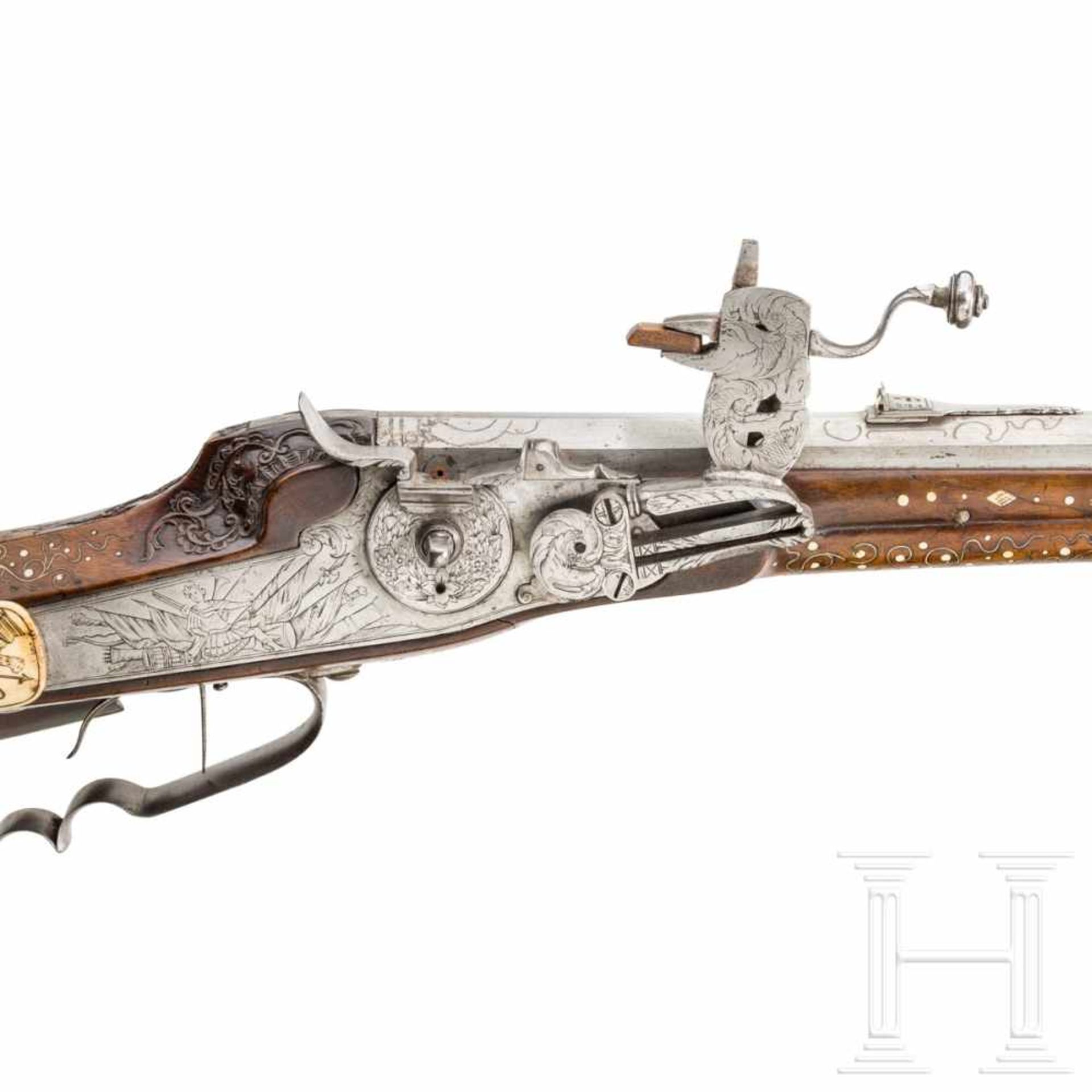 A Bohemian deluxe wheellock rifle with rich bone veneer, circa 1680/1700Octagonal barrel slightly - Bild 3 aus 9