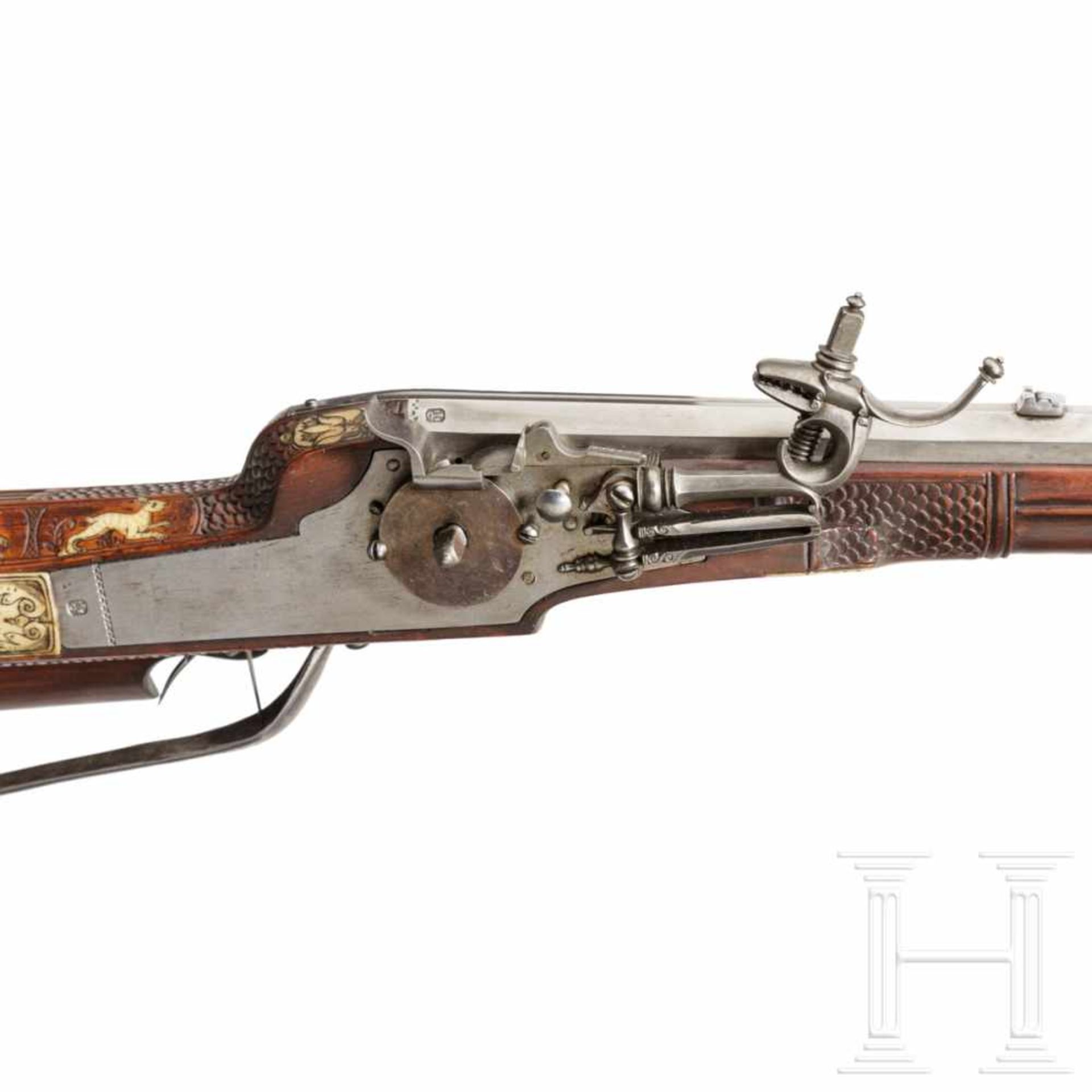 A South German wheellock rifle from the armoury of the princes of Salm-Reifferscheidt, dated 1649The - Bild 4 aus 10