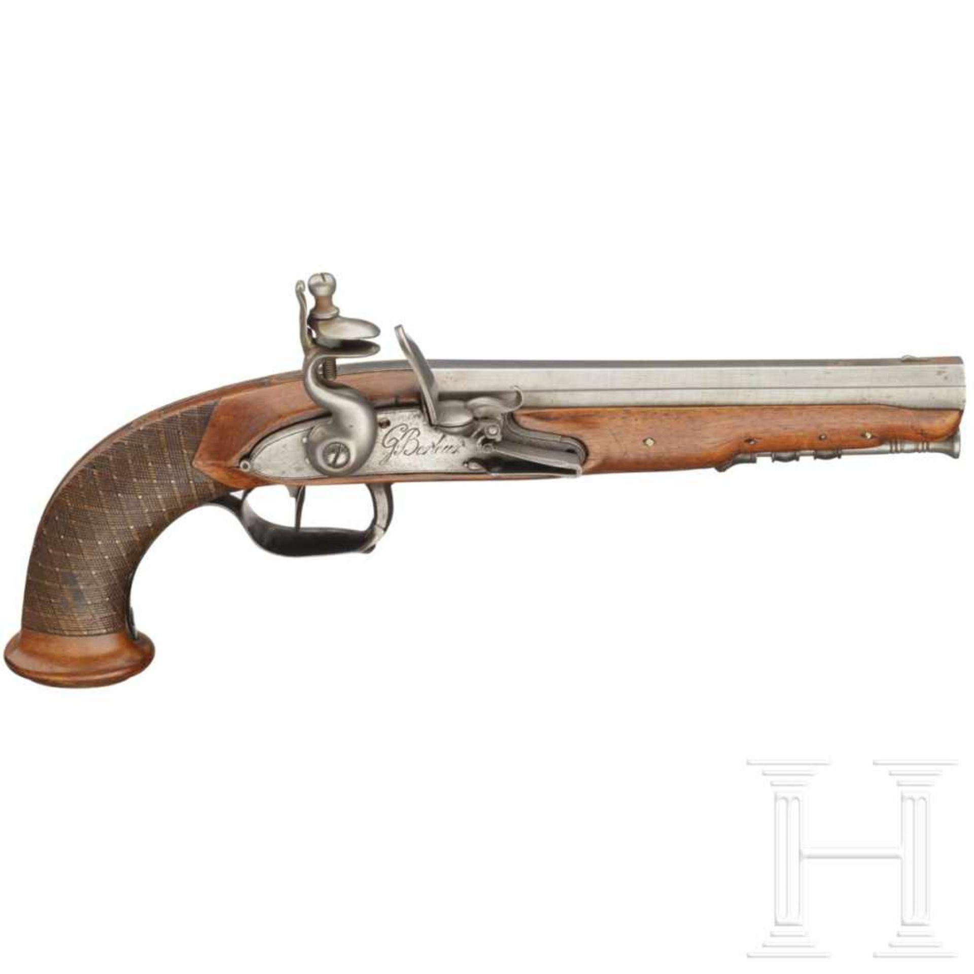 A flintlock pistol by Guillaume Berleur in Liège, ca. 1800Oktagonallauf im Kaliber 13 mm mit