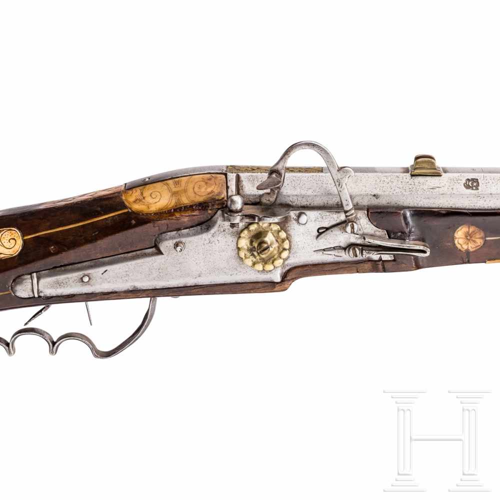 A heavy German bone-inlaid matchlock musket with musket support, dated 1589The octagonal barrel - Image 3 of 6