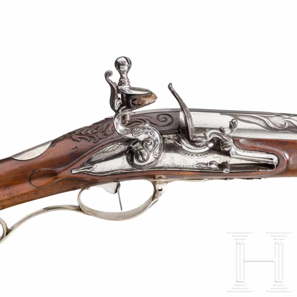 A silver-mounted flintlock rifle, Friedrich Ostermann, Copenhagen, circa 1710/20Round barrel with - Image 3 of 4