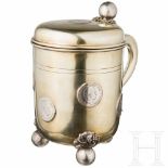 A large German coin tankard, late 19th centurySilver, gilt, the bottom with mark of fineness "800"