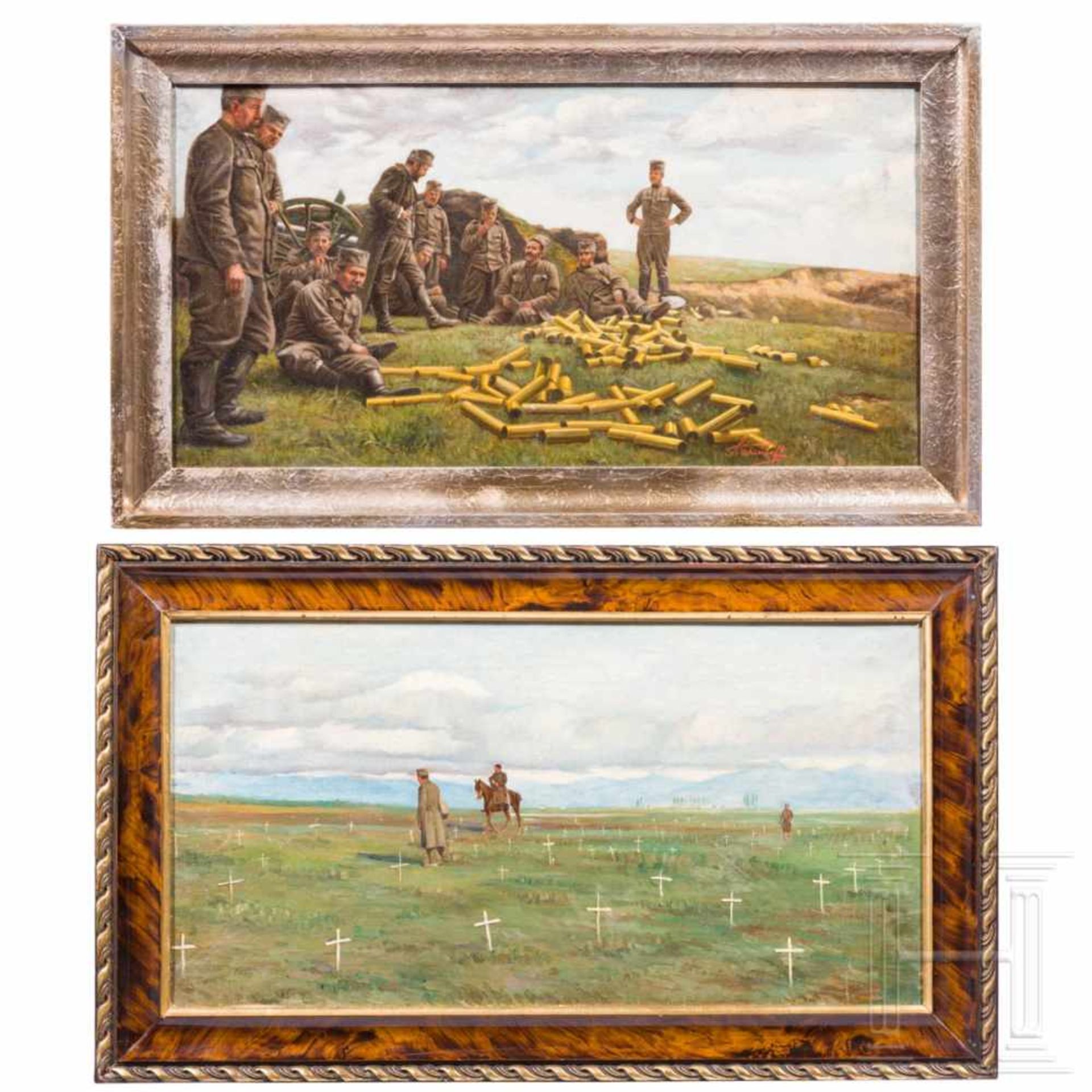 Two military oil paintings, 20th centuryÖl auf Leinwand, unten signiert „S. Schernoff“, Artillerie