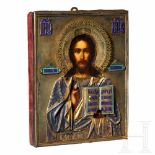 An icon "Christus Pantokrator" with silver and partly enamelled oklad, circa 1900Tempera on wood,