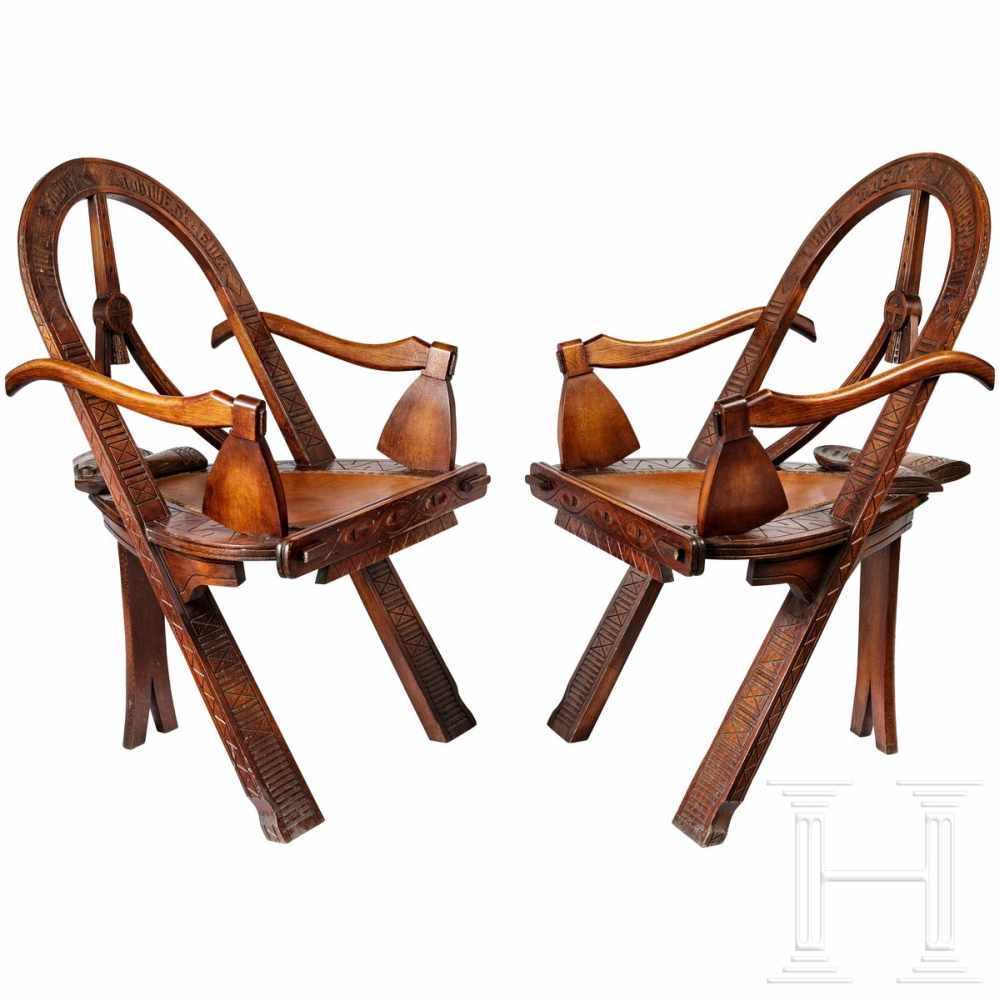 Two carved Russian armchairs in Russian style "Bow, Axes and Mittens", after the well-known model of - Image 2 of 6