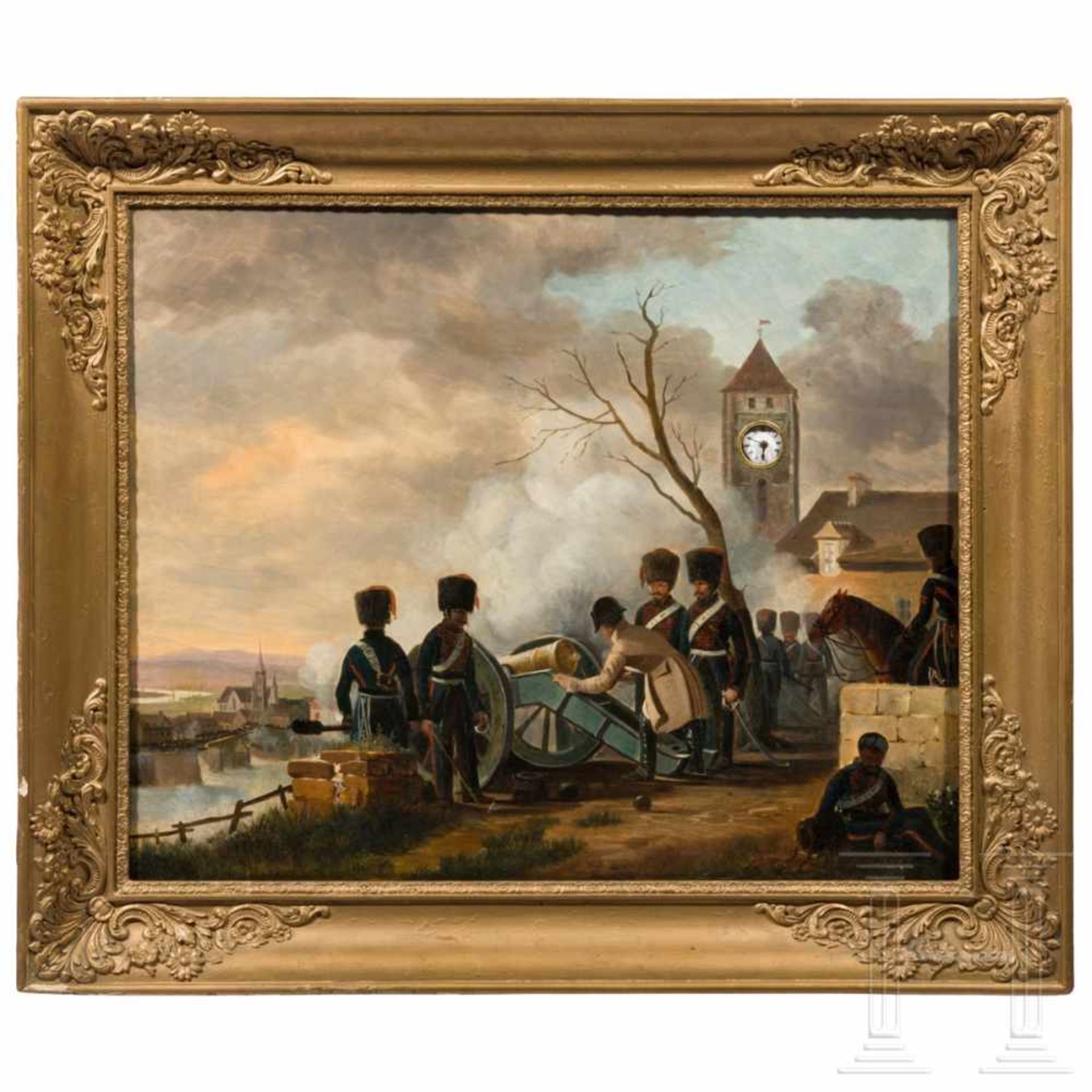 A picture clock, 19th centuryÖl auf Leinwand. Darstellung aus der Schlacht von Montereau am 18.2.