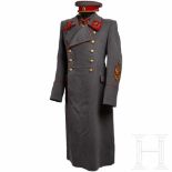 A Soviet Marshal Coat, Tunic, Belt, Cap and AwardsFine quality, heavy grey woollen overcoat, piped