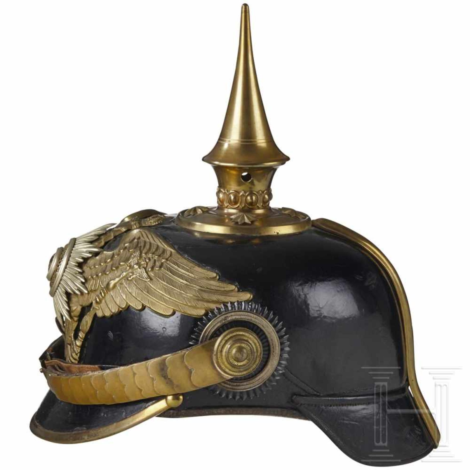 A Prussian Spiked Helmet for Officers of the InfantryBlack leather: body, front visor with green - Bild 4 aus 8