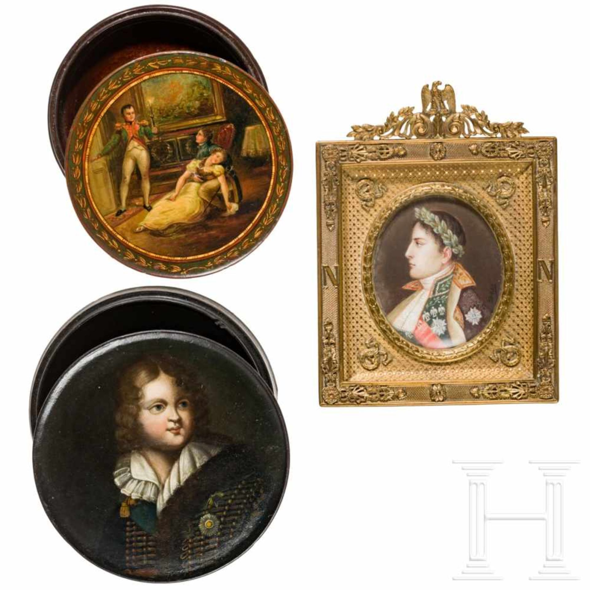 A miniature of Napoleon I and two paint boxes, circa 1815Fein gemaltes Profil des Kaisers, unter