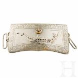 A cartouche box for officersThe body made of coarse black patent leather, the hinges embellished