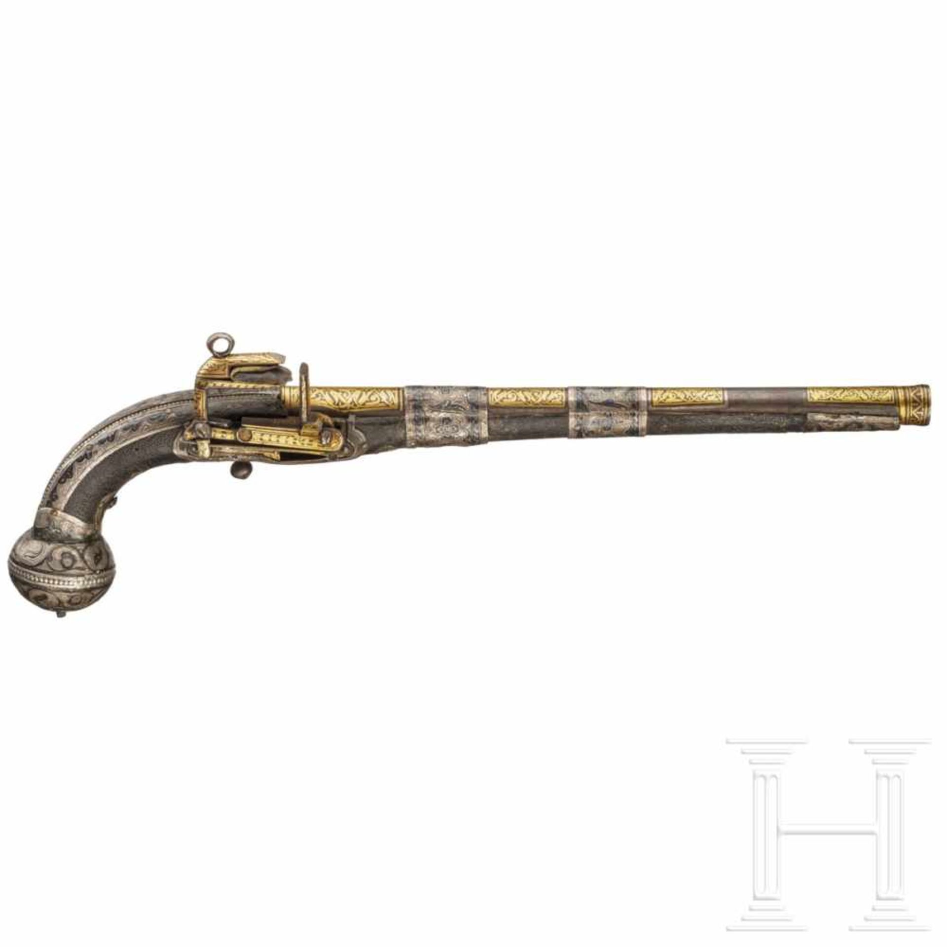 A gold-inlaid miquelet-lock pistol, Russia/Caucasus, mid-19th century.Smooth bore barrel in 12 mm