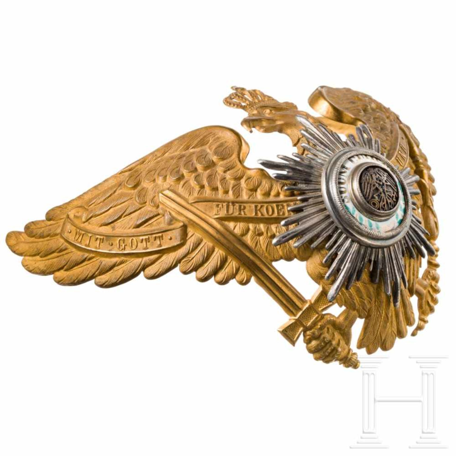 An eagle emblem for guard officers, circa 1900Messing, geprägt, frostig vergoldet mit polierten - Bild 3 aus 3