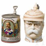 Two rare jugs, circa 1900Alter, schön erhaltener Bismarck-Krug aus Porzellan, im Boden gemarkt "