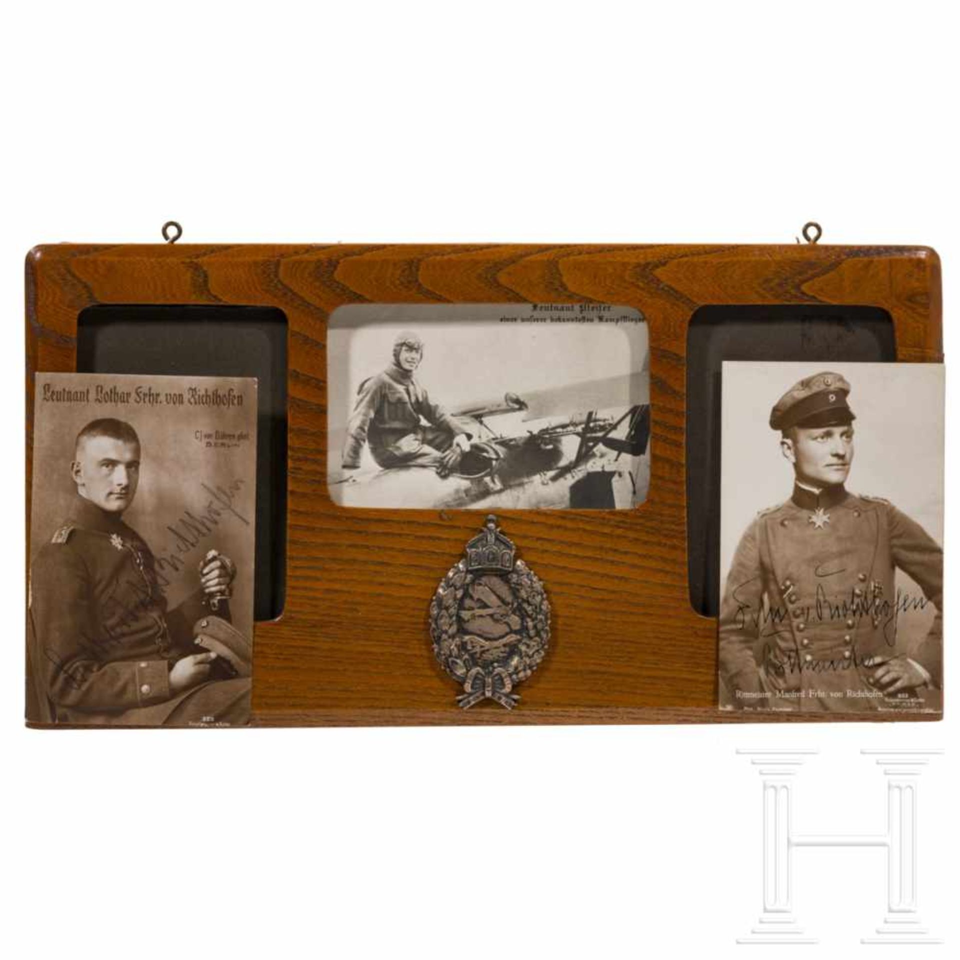 Lothar and Manfred von Richthofen - photo postcards with dedication, in a wooden frame with pilot´