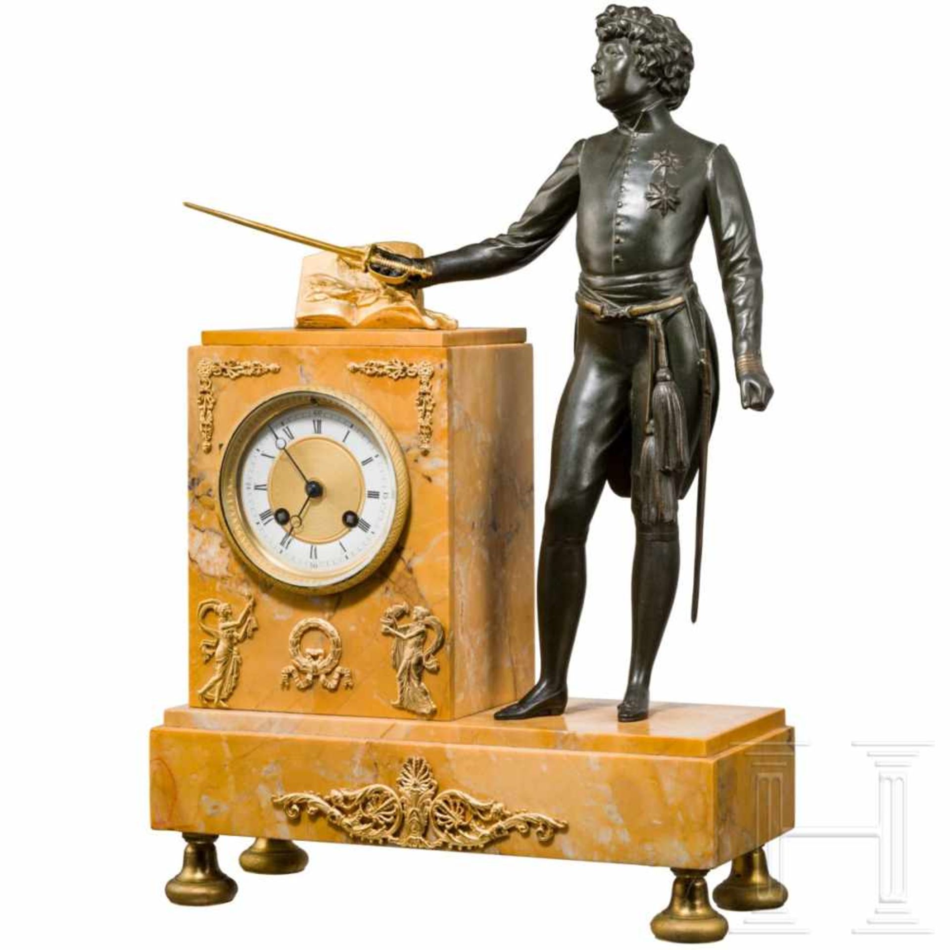 A late-classicistic table clock with a uniform figure, 1840 - 1860Emailliertes Zifferblatt mit